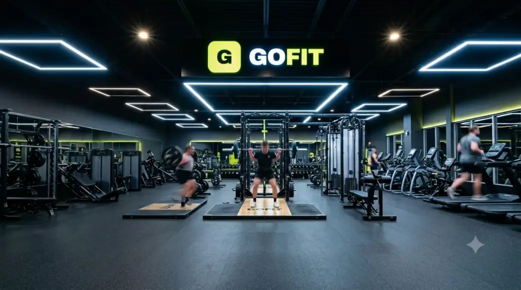 The GoFit gym floor, members training under the GoFit sign
