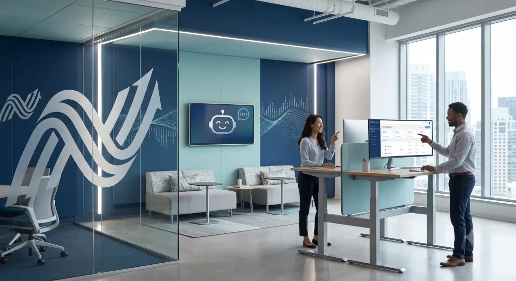 The Nexa office, two teammates reviewing the helpdesk dashboard