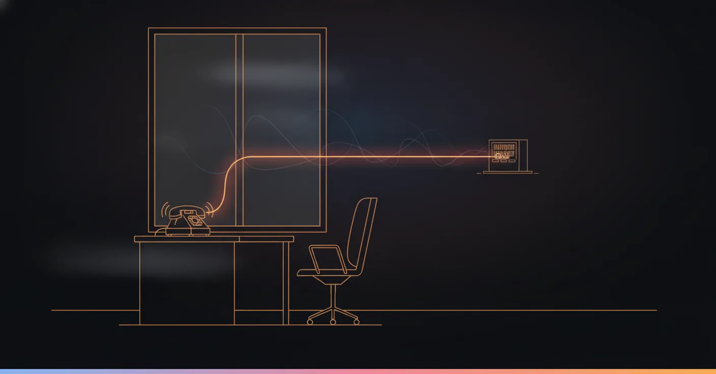 Bureau d'accueil vide avec un téléphone qui sonne, relié par un fil lumineux à un standard distant : l'accueil téléphonique externalisé décroche à la place