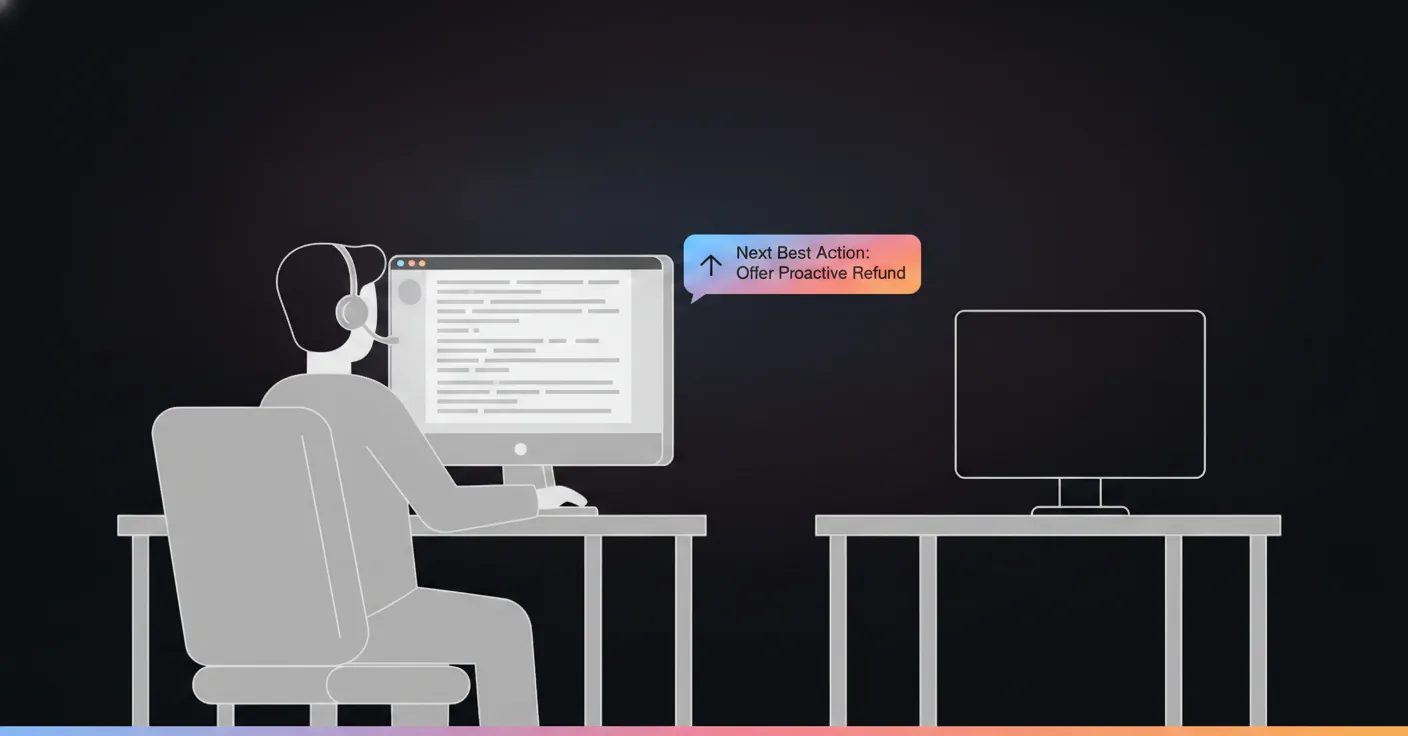 Agent assist AI: a suggestion beside the call, not a replacement for the agent An agent assist AI panel suggesting a next-best-action beside a live call transcript