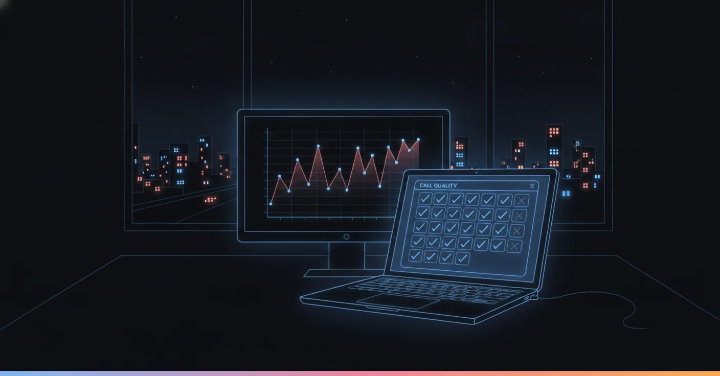 AI in BPO: a contact center supervisor's screen at night, scoring every call while a staffing forecast updates beside it