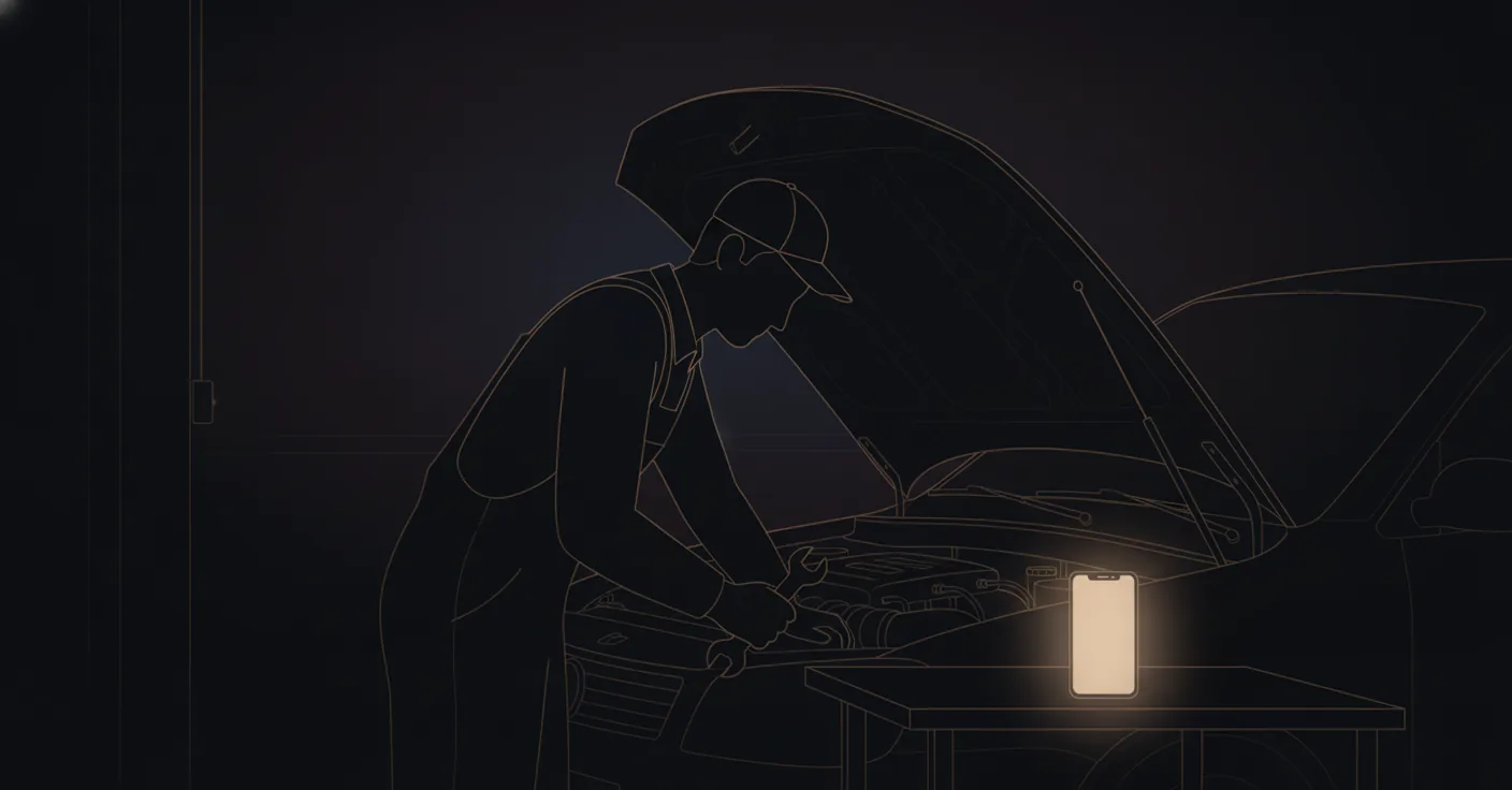 AI receptionist for small business: booking happens while you're busy with the actual job An AI receptionist for small business books an appointment while the owner keeps working, phone glowing on the workbench