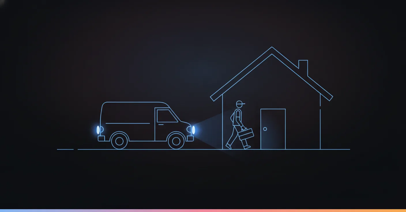 AI receptionist for small business: home services rely on qualifying urgency before the technician even leaves the van A pest control technician arriving at a house at dusk after a job flagged urgent by the AI receptionist