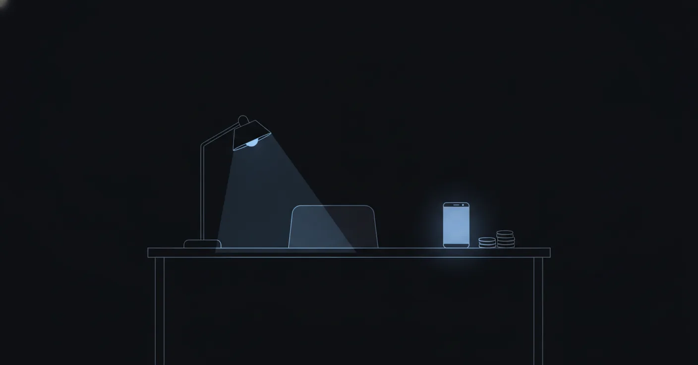 The real cost of an unanswered call for a small business, versus an AI receptionist An empty reception desk lit by a single lamp, a phone and a small stack of coins on the desk