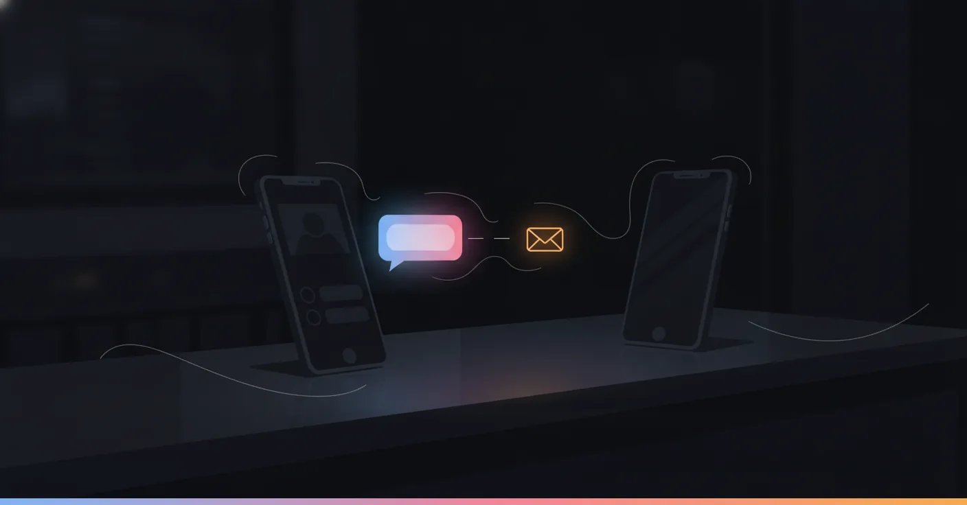 A phone at night with a glowing comment bubble sending a direct message to a second phone