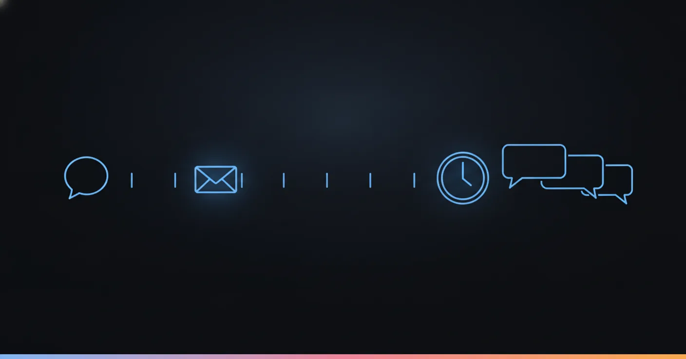 Meta's private reply timeline: one message within 7 days, then 24 hours once the customer answers A seven-step timeline after a comment, one envelope placed once on it, then a clock opening into a chat thread