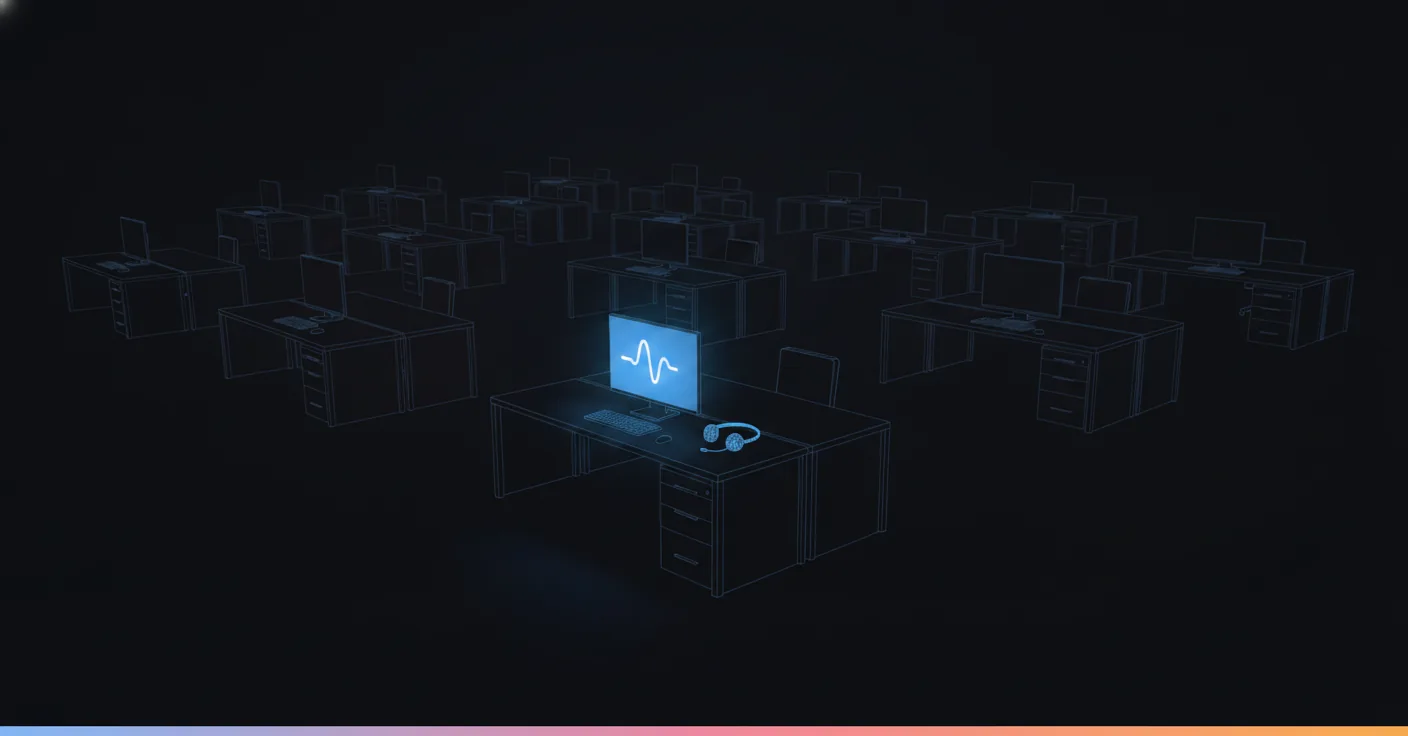 Automation in the BPO industry: an empty contact centre floor at night, one screen still answering