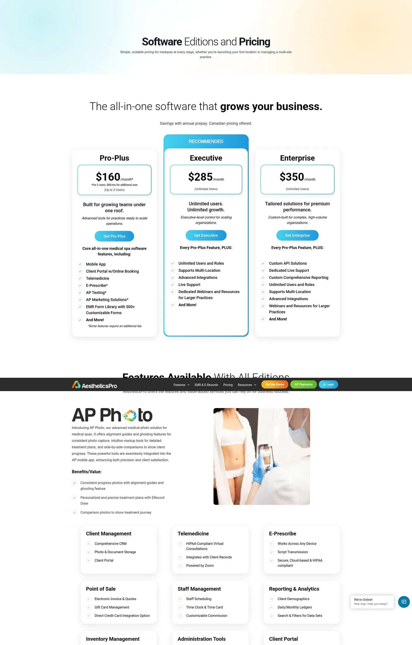 AestheticsPro pricing: the most transparent of the six AestheticsPro pricing page showing Pro-Plus at $160, Executive at $285 and Enterprise at $350 a month, each tier’s feature list visible