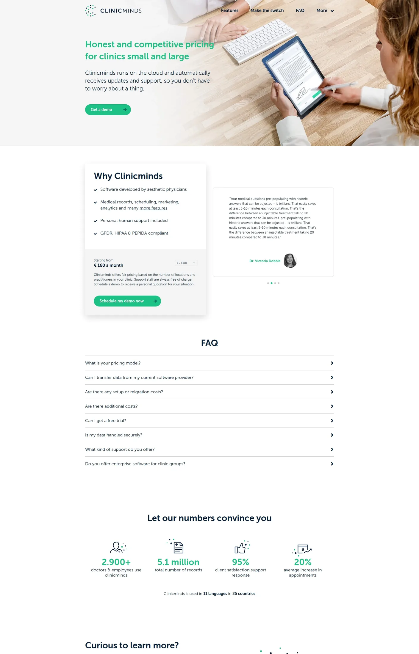 Clinicminds pricing: a starting number, not a full ladder Clinicminds pricing page showing plans starting from €160 a month, next to its usage stats: 2,900+ users, 5.1 million records and a 20% average increase in appointments