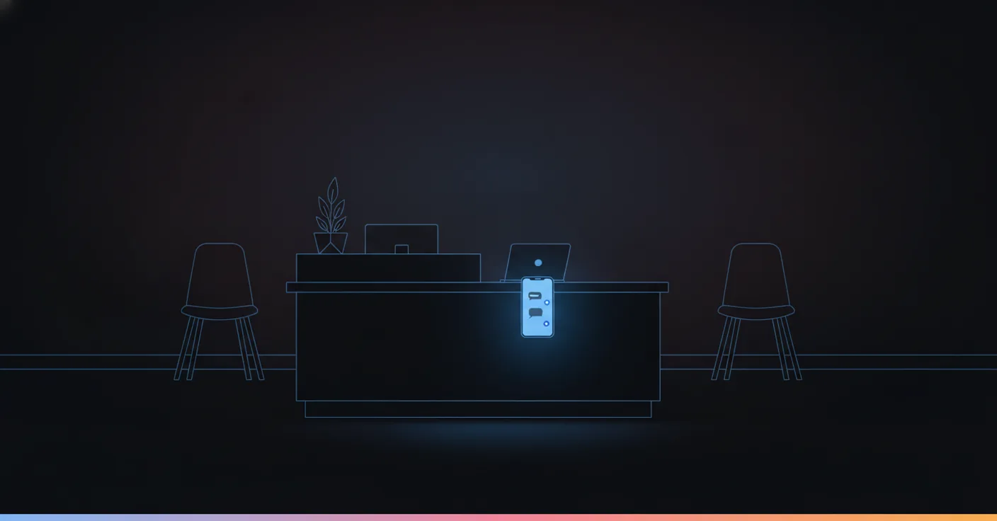 Best aesthetic clinic software in 2026: an empty clinic reception at night, a phone glowing with unread messages on the desk