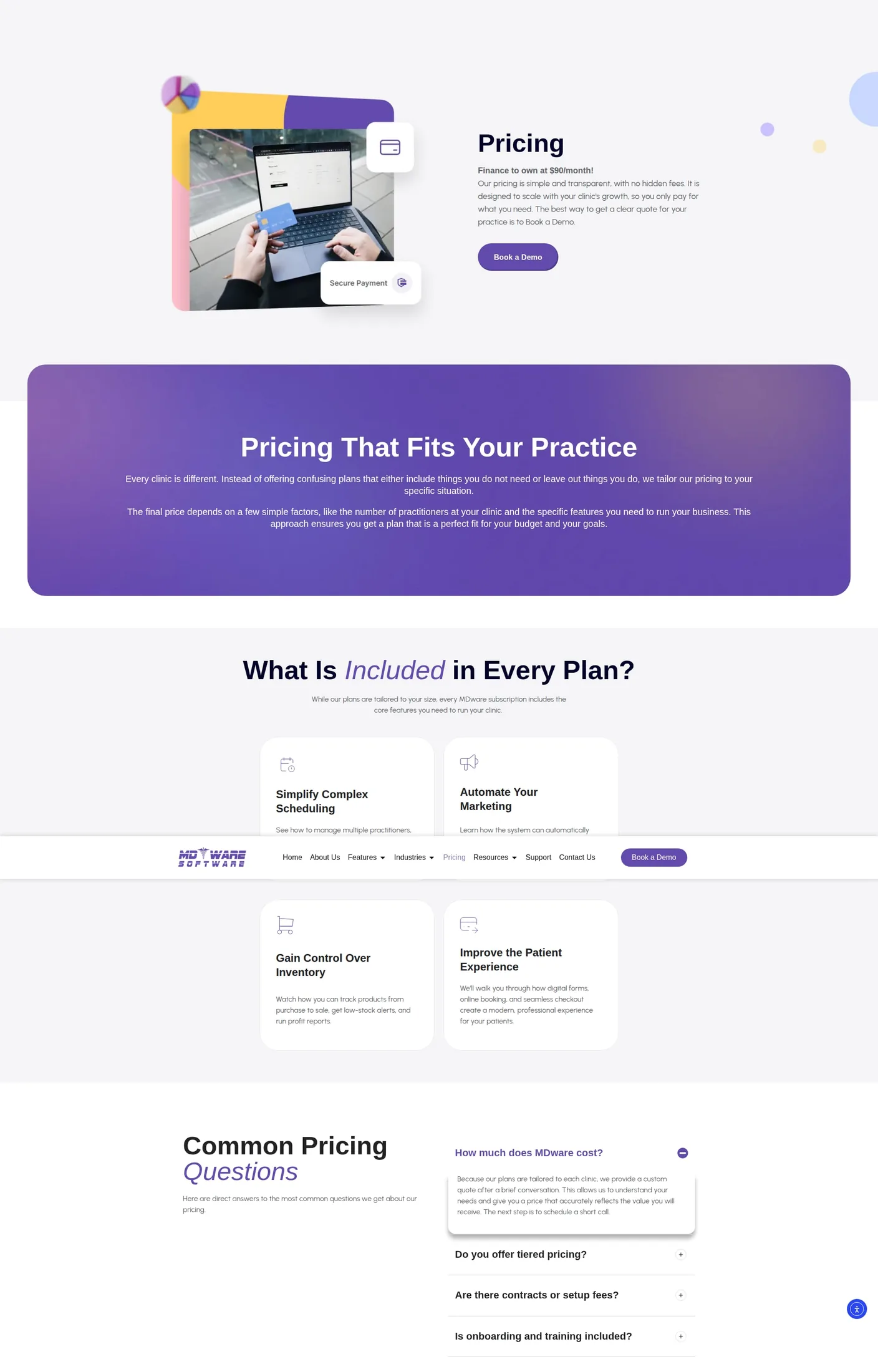 MDware pricing: a financing line, not a plan price MDware pricing page reading “Finance to own at $90/month!” above copy explaining that actual plans are quoted individually per clinic