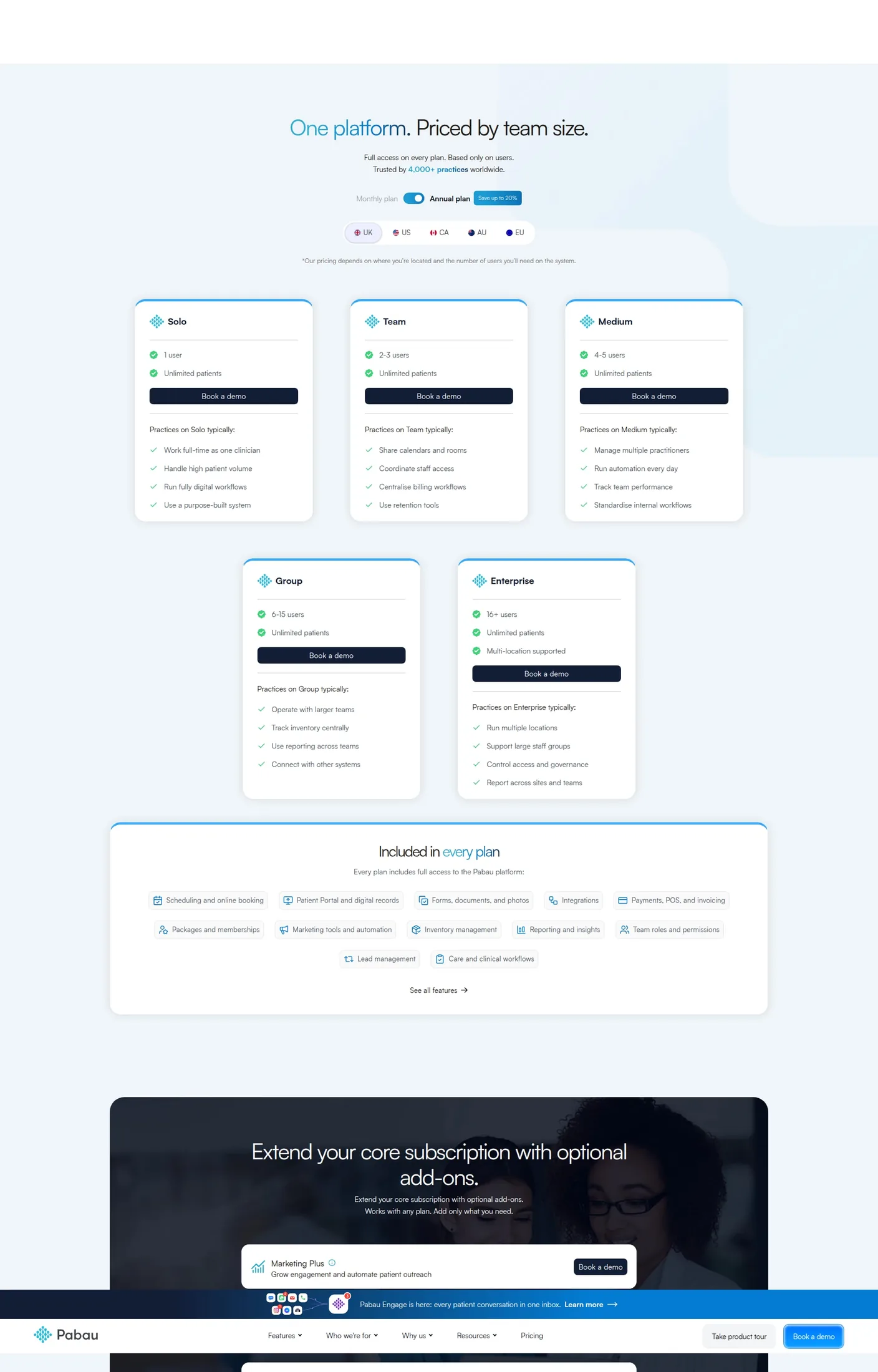 Pabau pricing: named tiers, no figures, consistent logic Pabau pricing page listing six unpriced tiers from Solo to Enterprise, each behind a “Book a demo” button, with country tabs for UK, US, Canada, Australia and the EU