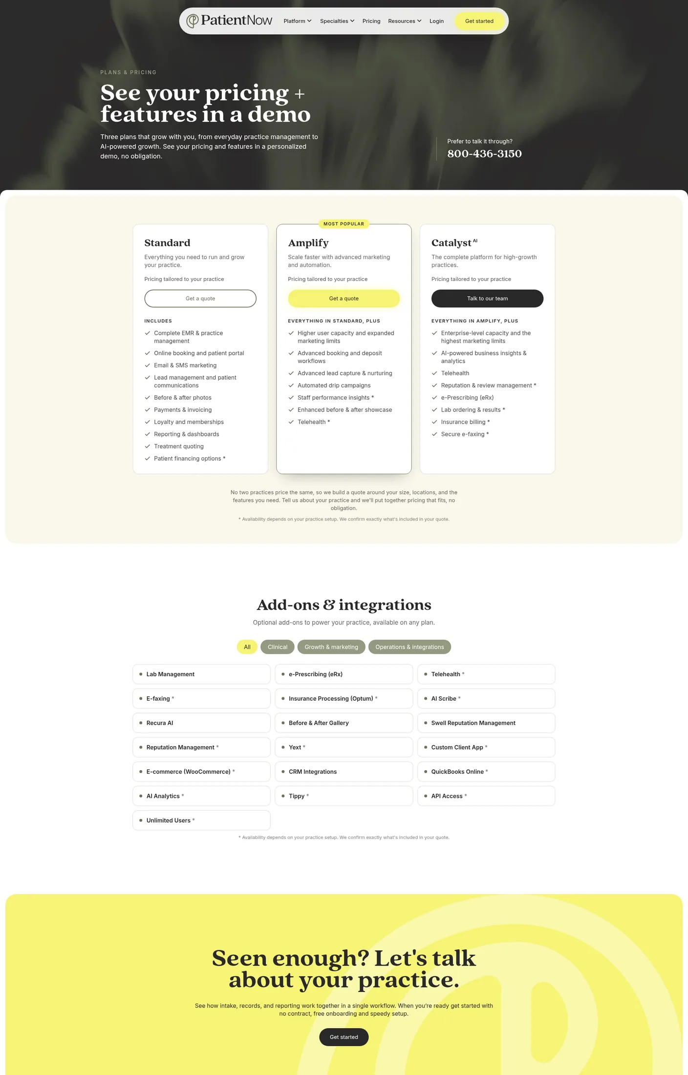 PatientNow pricing: three tiers, all quote-only PatientNow pricing page showing three plans, Standard, Amplify and Catalyst AI, each marked “pricing tailored to your practice” with no dollar figures