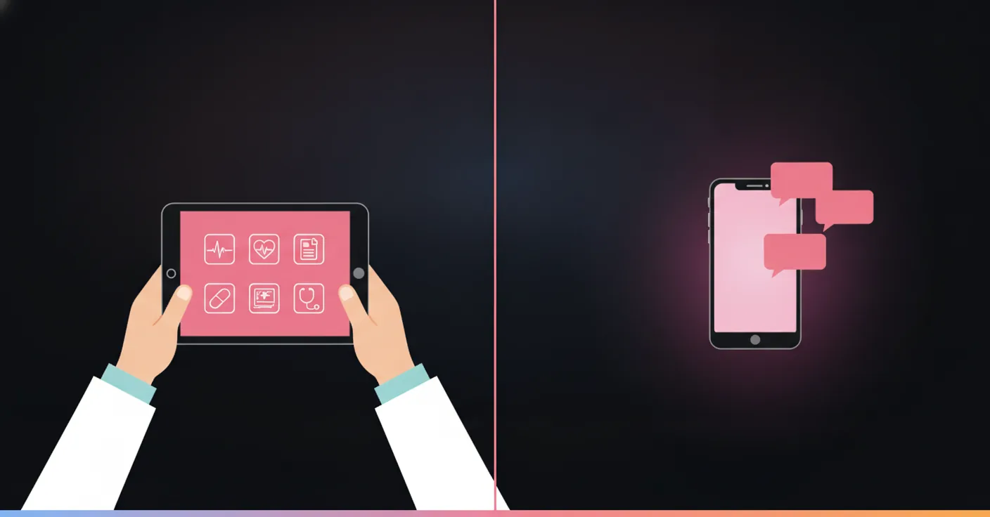 Aesthetic clinic software runs the clinic side; almost none of it runs the reply A clinician’s tablet showing medical charting icons on one side, a phone lighting up with unanswered messages on the other, split by a thin line