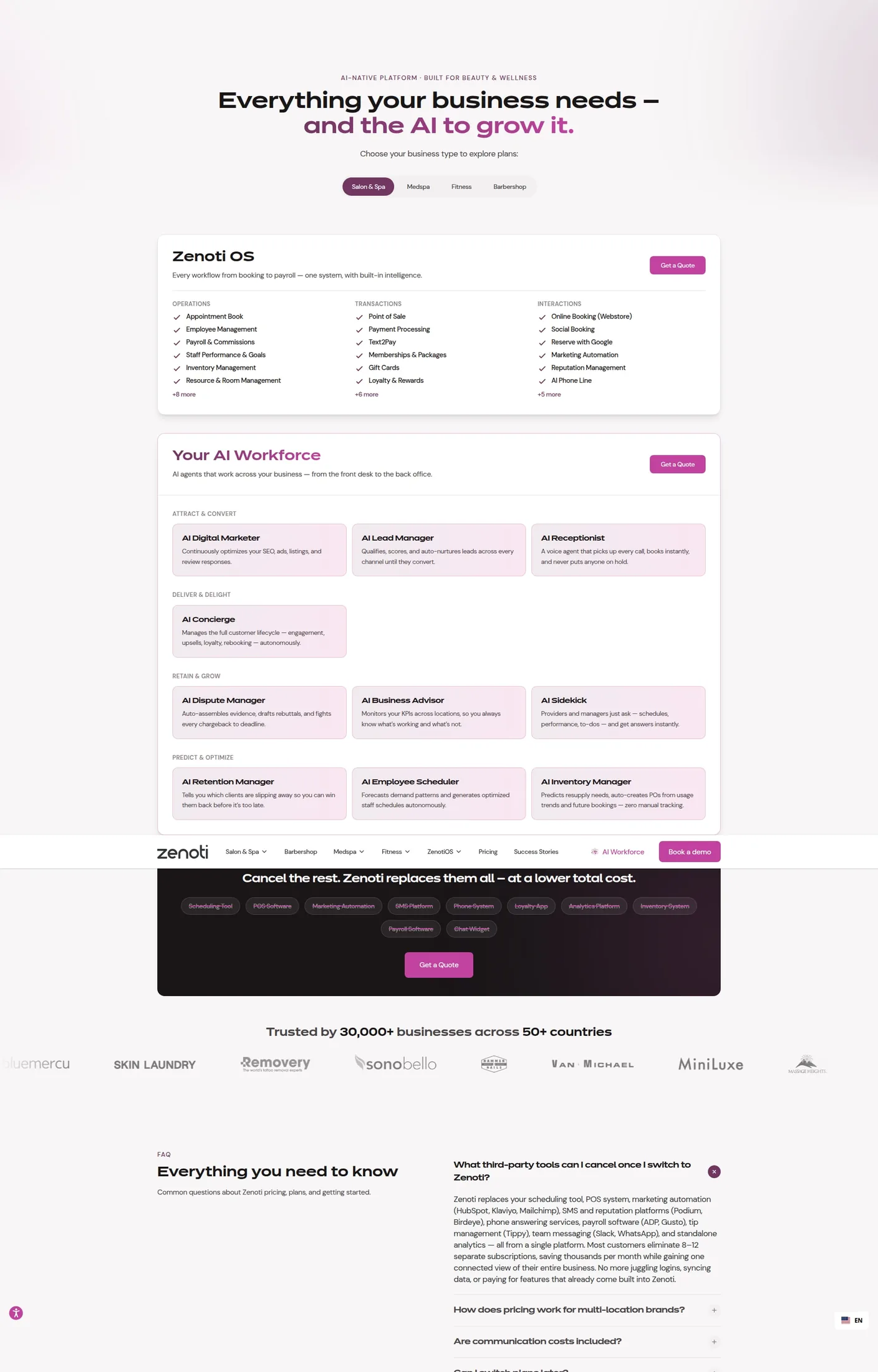 Zenoti pricing: no figure, but the widest AI product line of the six Zenoti pricing page with no listed price, offering “Zenoti OS” and a separate “AI Workforce” including an AI Receptionist voice agent, gated behind “Get a Quote”