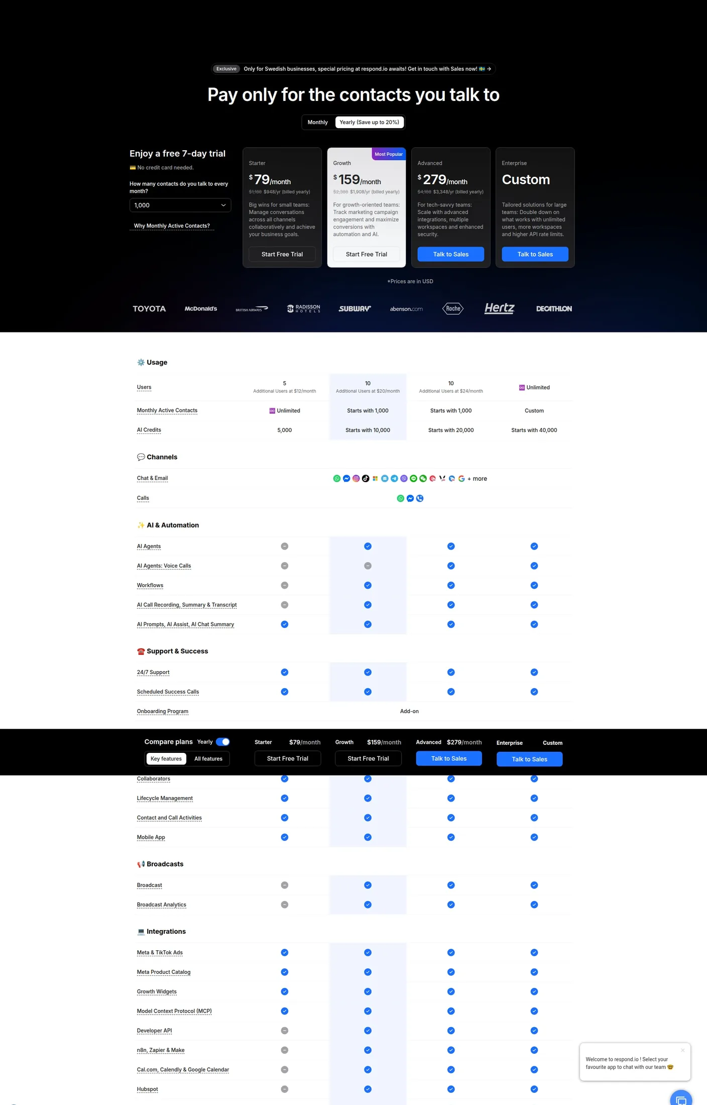 Respond.io pricing: AI Agents locked behind the $159 Growth tier, WhatsApp fees billed separately by Meta Respond.io’s pricing page showing Starter at $79, Growth at $159 and Advanced at $279 a month, with AI Agents greyed out on Starter and enabled from Growth