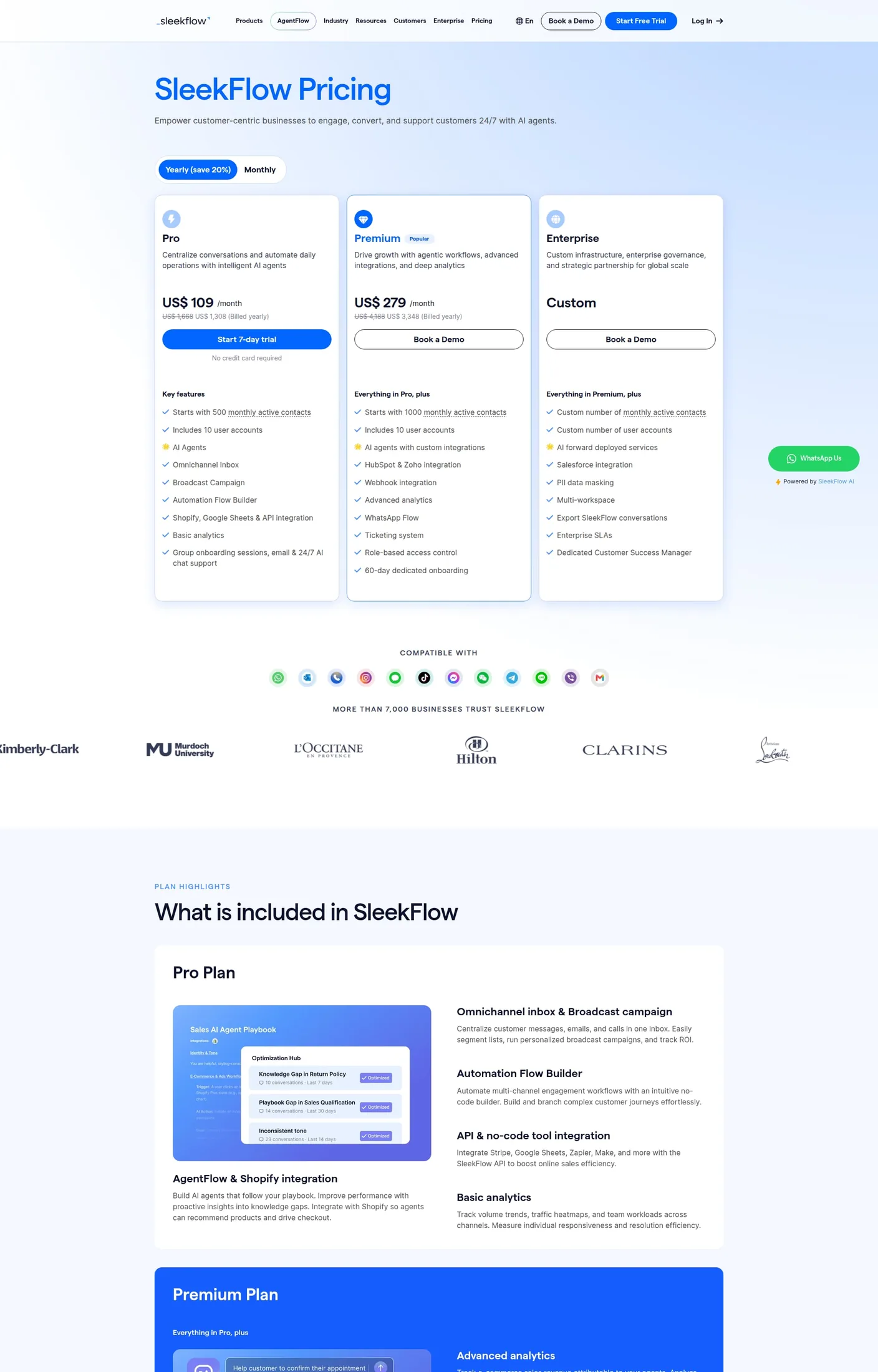 SleekFlow pricing: AI Agents included from Pro, agentic workflows added at Premium SleekFlow’s pricing page showing Pro at $109 and Premium at $279 a month, both listing AI Agents as a headline included feature rather than an add-on