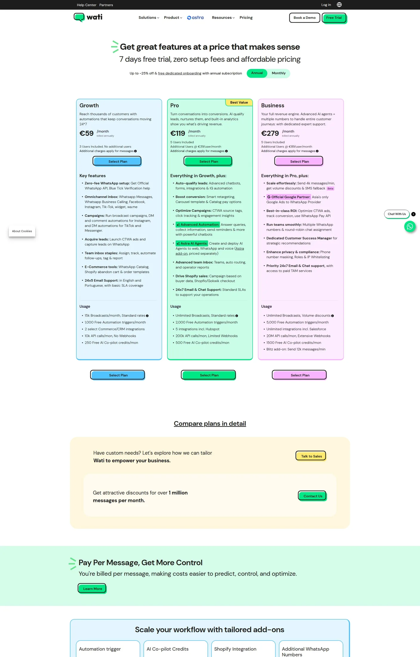 WATI pricing: Growth at €59/mo, Astra AI Agents sold separately from Pro up WATI’s pricing page showing Growth at €59, Pro at €119 with Astra AI Agents as a separately priced add-on, and Business at €279 a month