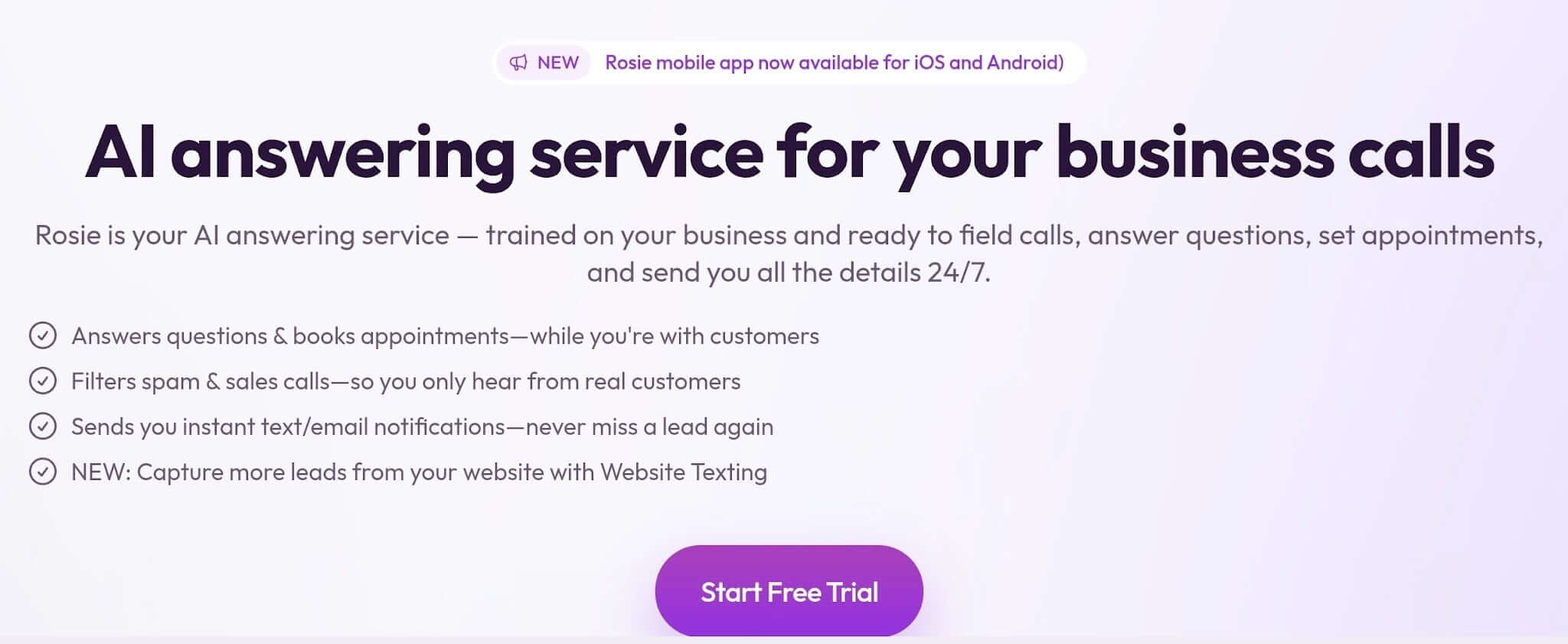 Rosie AI homepage for its small business AI answering service