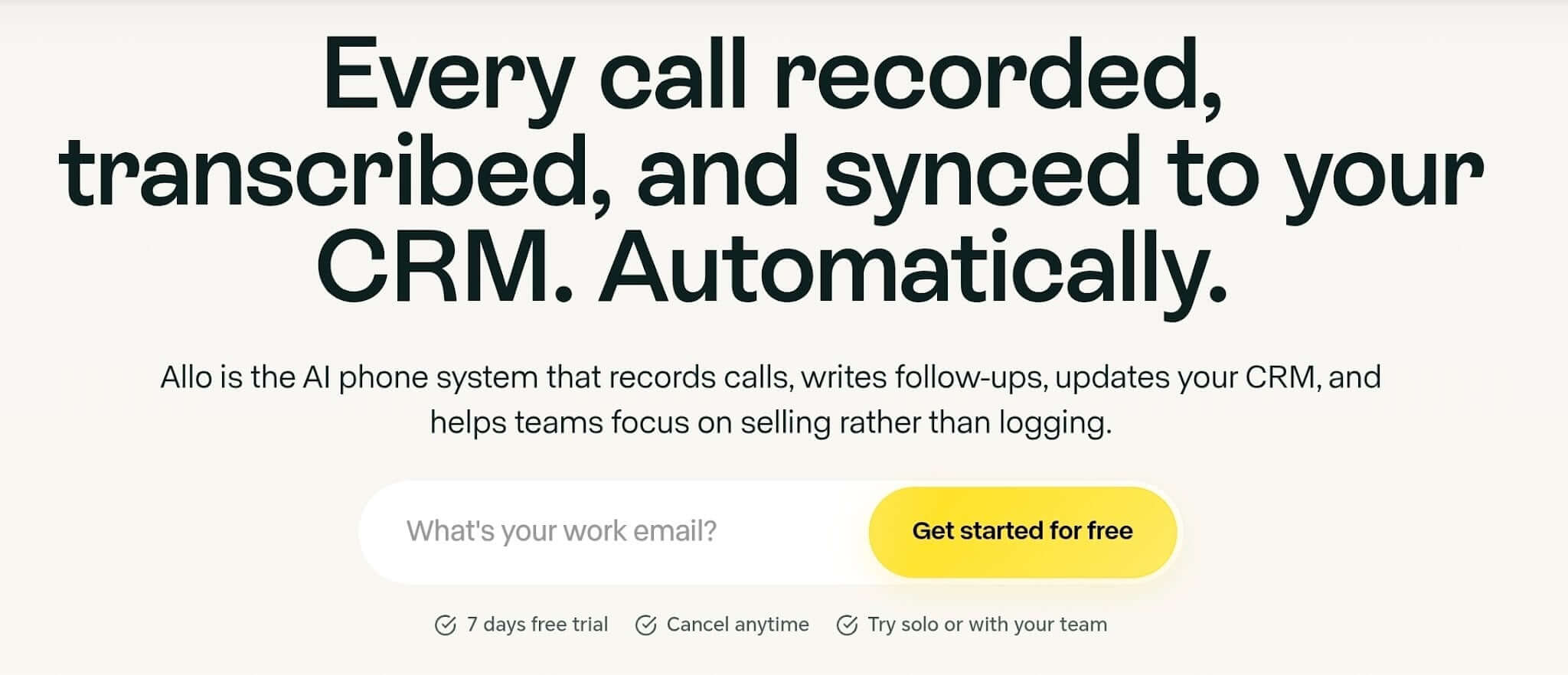 Allo homepage showing automatic call recording synced to a CRM