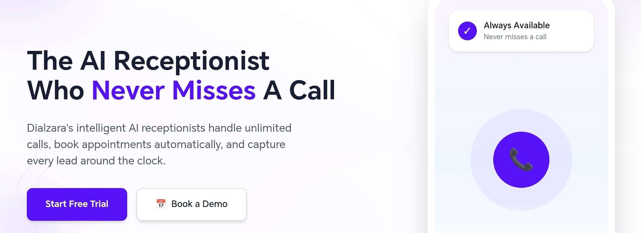 Dialzara homepage for its AI receptionist that never misses a call