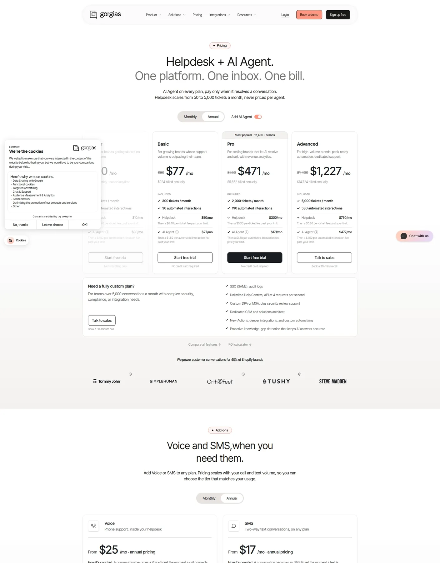 Gorgias pricing: ticket-volume tiers, voice and SMS sold as add-ons Gorgias pricing tiers from $77 to $1,227 a month, billed by ticket volume with AI Agent priced separately