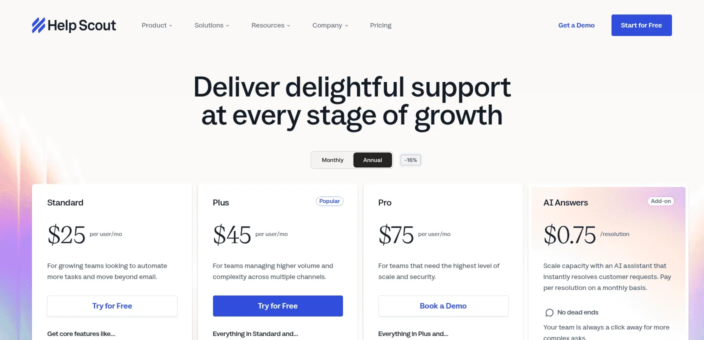 Help Scout pricing: $25 to $75 per user per month, AI Answers billed per resolution Help Scout’s pricing page showing Standard at $25, Plus at $45 and Pro at $75 per user per month, with the AI Answers add-on at $0.75 per resolution