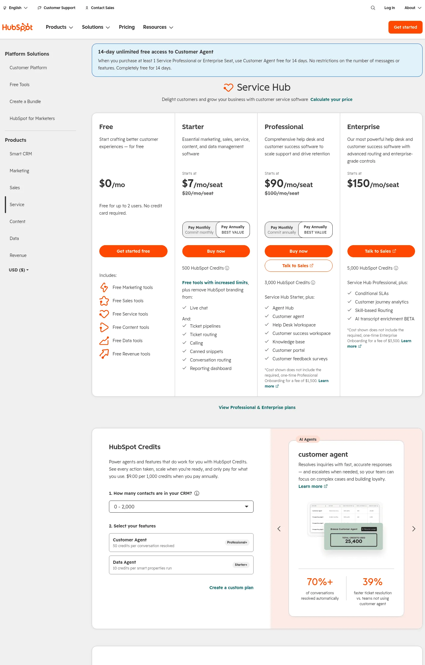 HubSpot Service Hub pricing: Professional at $90 a seat, Enterprise at $150 HubSpot’s Service Hub pricing page showing Professional at $90 per seat per month and Enterprise at $150