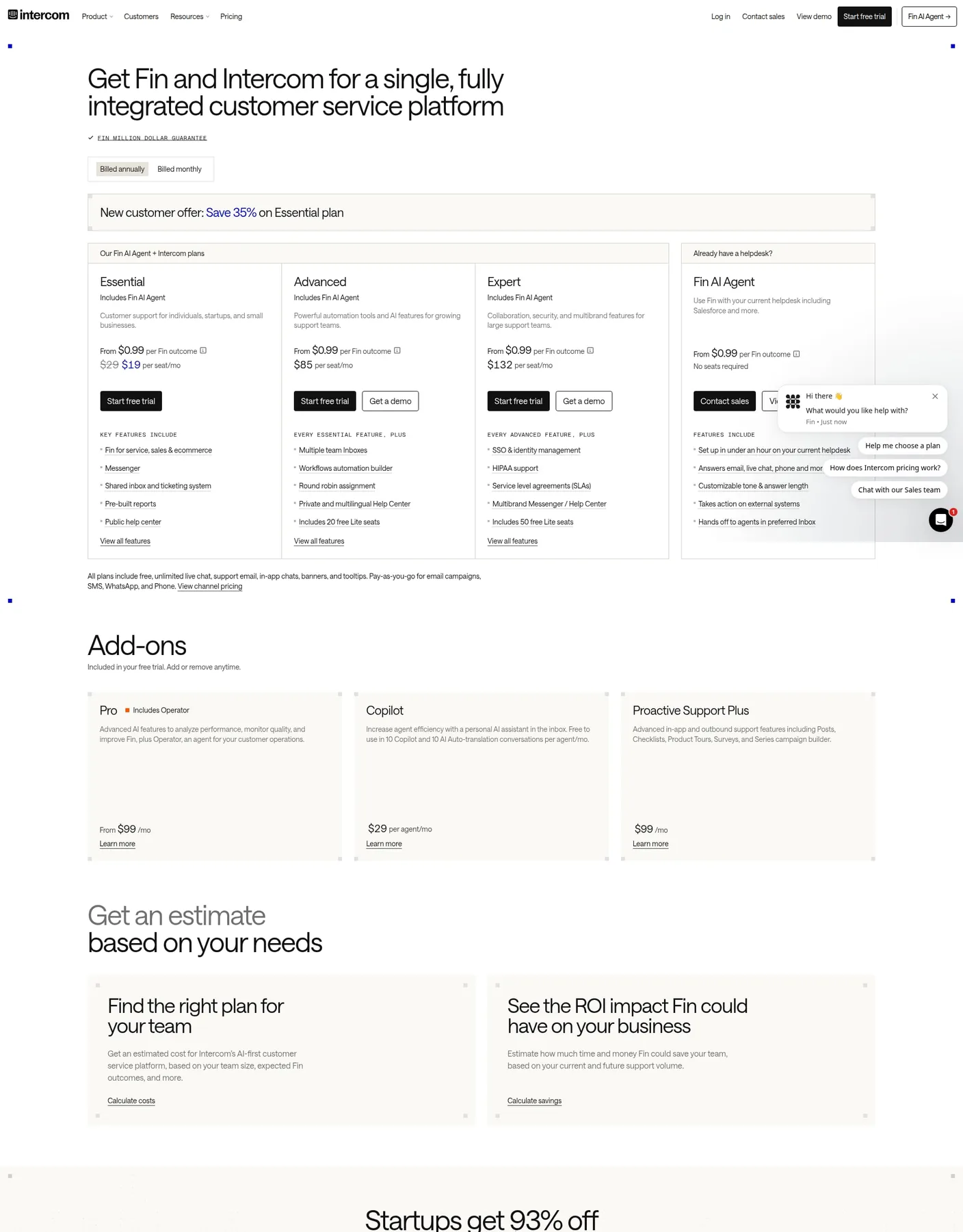 Intercom pricing: seat price plus $0.99 per Fin AI outcome Intercom’s pricing page showing Fin AI Agent plans from $19 a seat plus $0.99 per resolved outcome