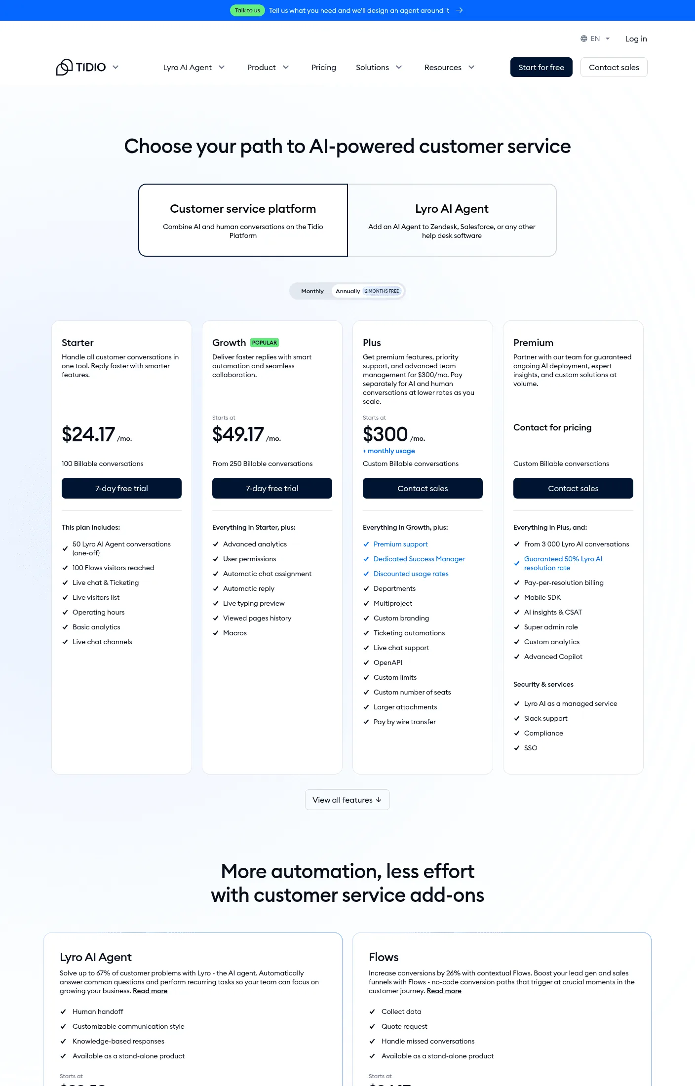 Tidio pricing: Starter at $24.17 a month, AI conversations metered Tidio’s pricing page showing Starter at $24.17 a month for 100 billable conversations