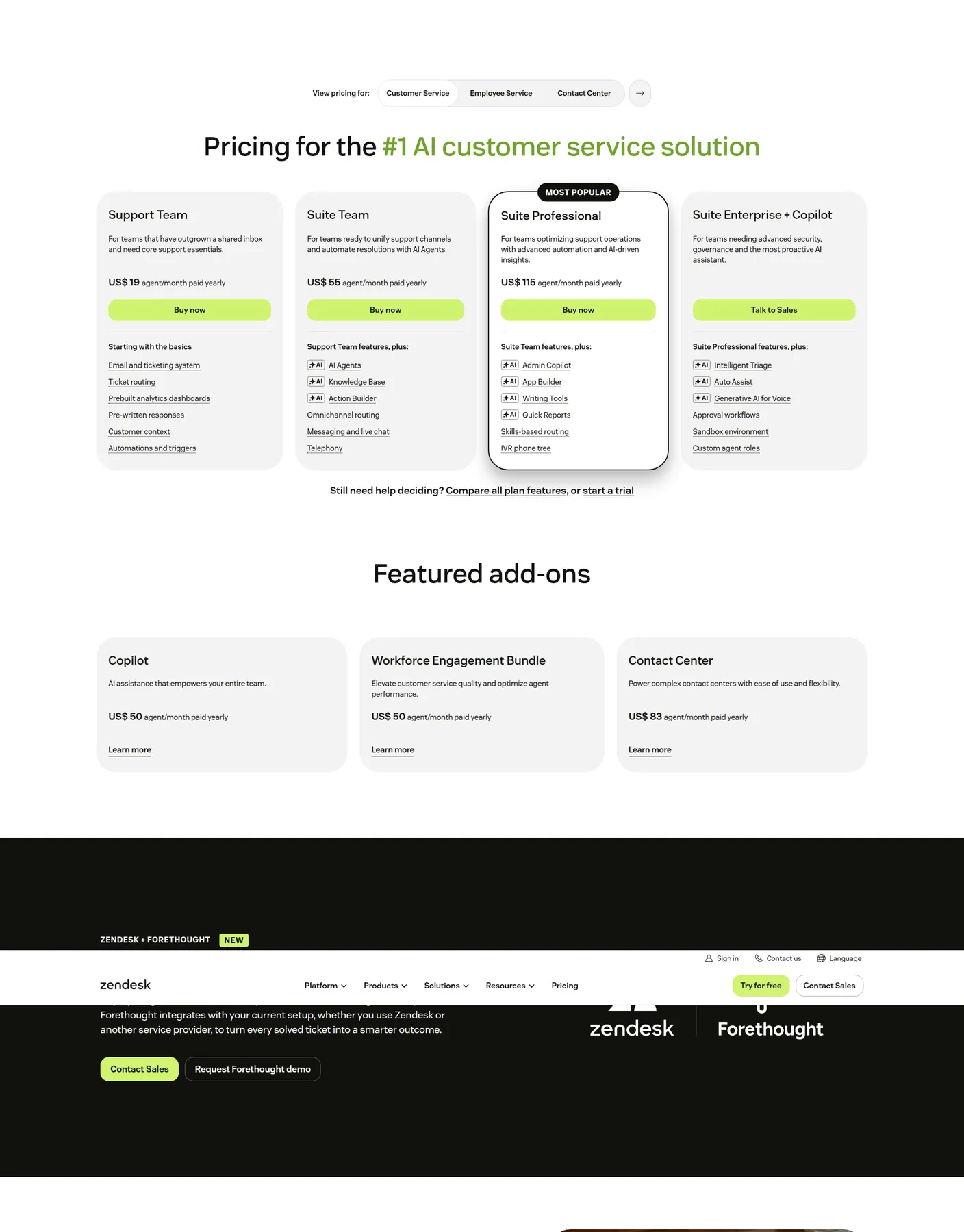 Zendesk pricing: $19 to $115 per agent per month, phone at the top two tiers Zendesk’s pricing page showing four support tiers from $19 to $115 per agent per month