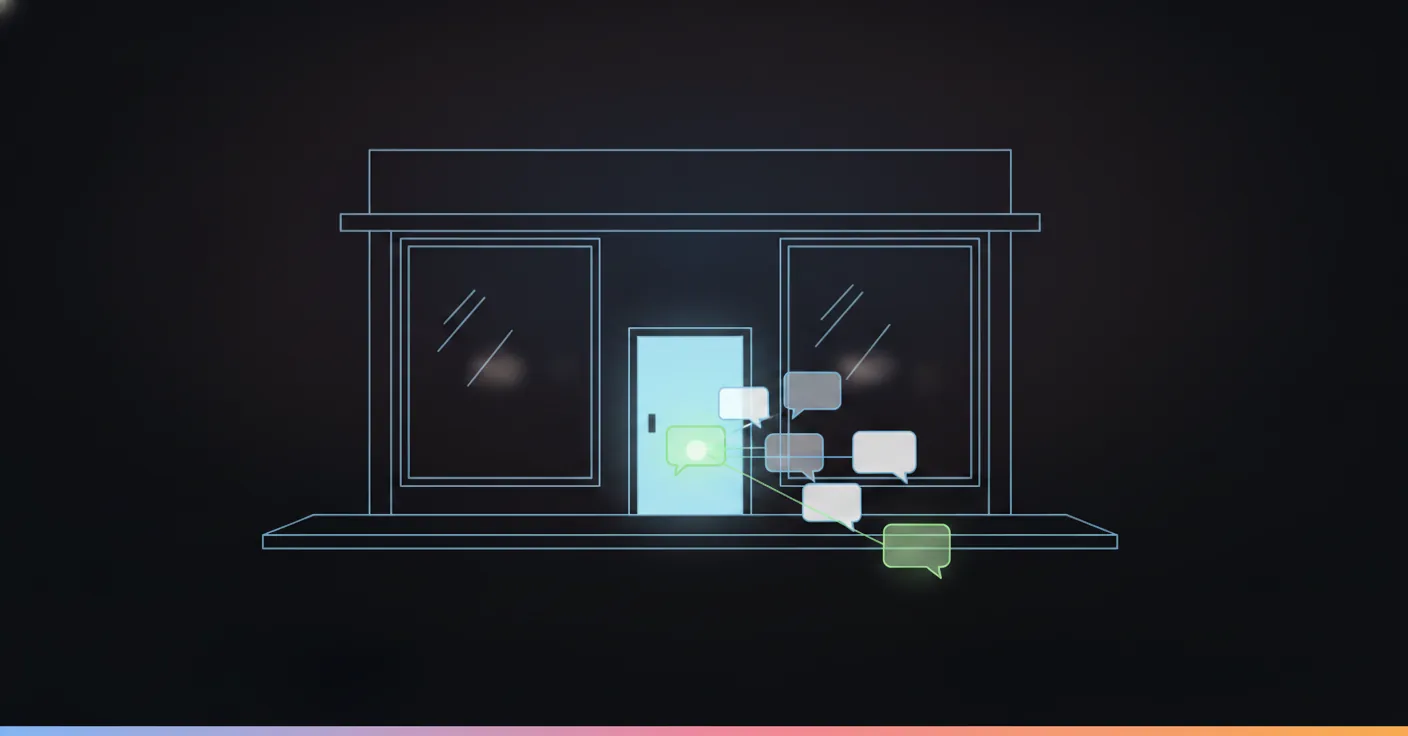 Chat bubbles queuing at a storefront, the first answered instantly