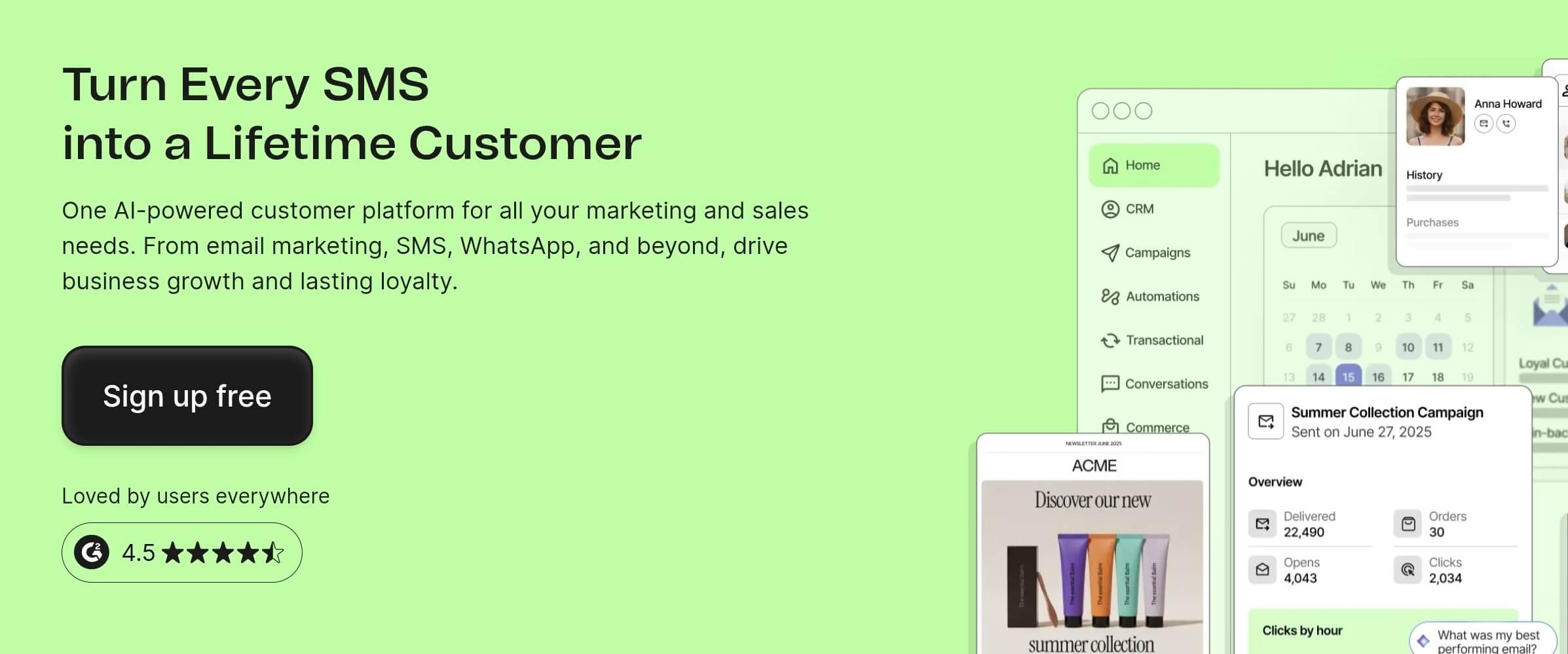 Brevo homepage, a marketing platform with WhatsApp automation