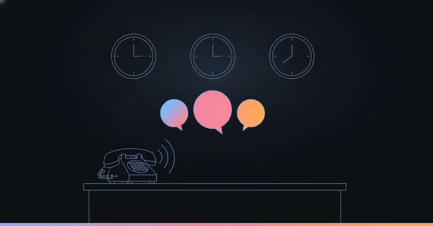 A bilingual answering service at night: a desk phone ringing under three clocks and three speech bubbles in different colors