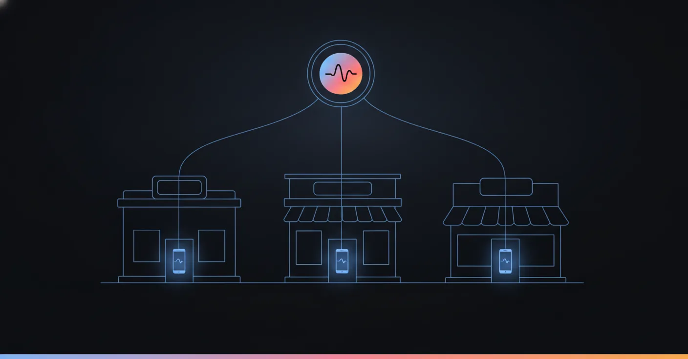 Three storefronts in a row, each with a glowing phone, all connected by a single line to one shared control panel above