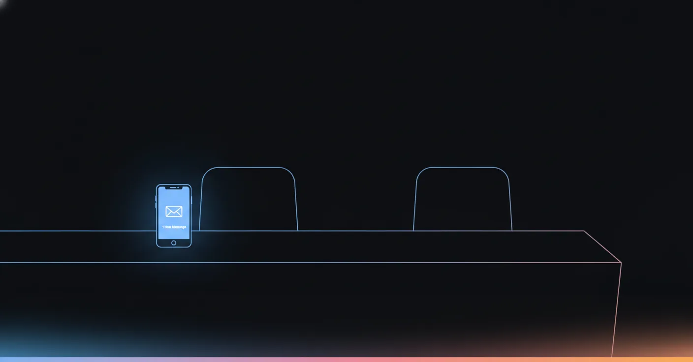 A gym front desk at night, one phone lit up mid chatbot script conversation