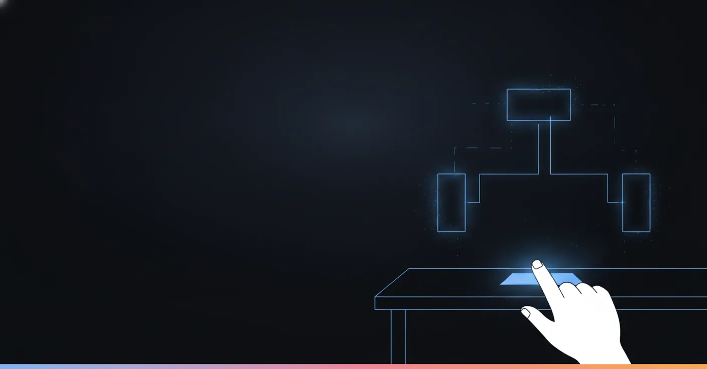AI-drafted chatbot script: a flow assembling itself from a plain-language goal A finger typing on a small glowing panel while a branching diagram assembles itself in the air beside it