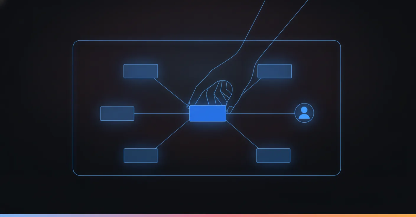Chatbot script structure: nodes and branches, not a wall of text A hand arranging glowing connected boxes into a branching flow diagram, one box leading to a person icon