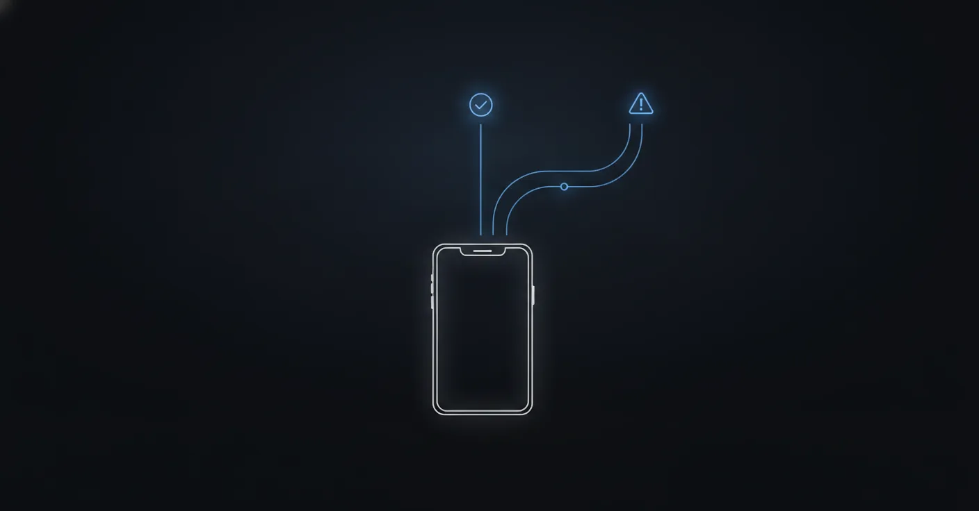 Two glowing paths from a phone, one straight to a checkmark, one forking to a warning