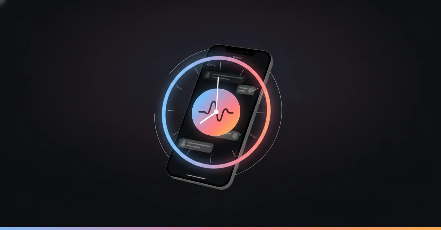 A phone wrapped in a glowing 24-hour clock face over a WhatsApp chat thread