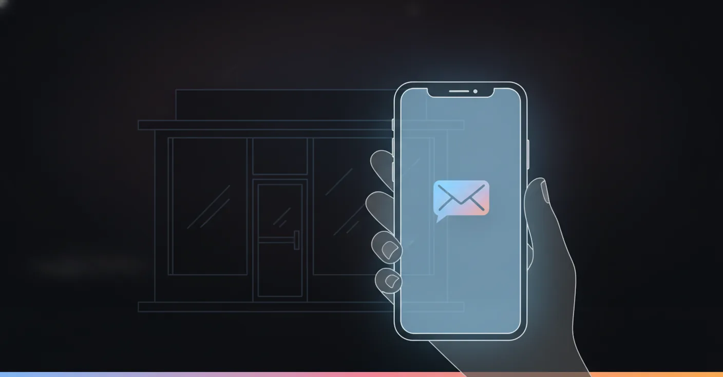 Un téléphone qui affiche un message reçu à 22h34 pendant qu’un bureau d’agence immobilière reste éteint derrière la vitrine