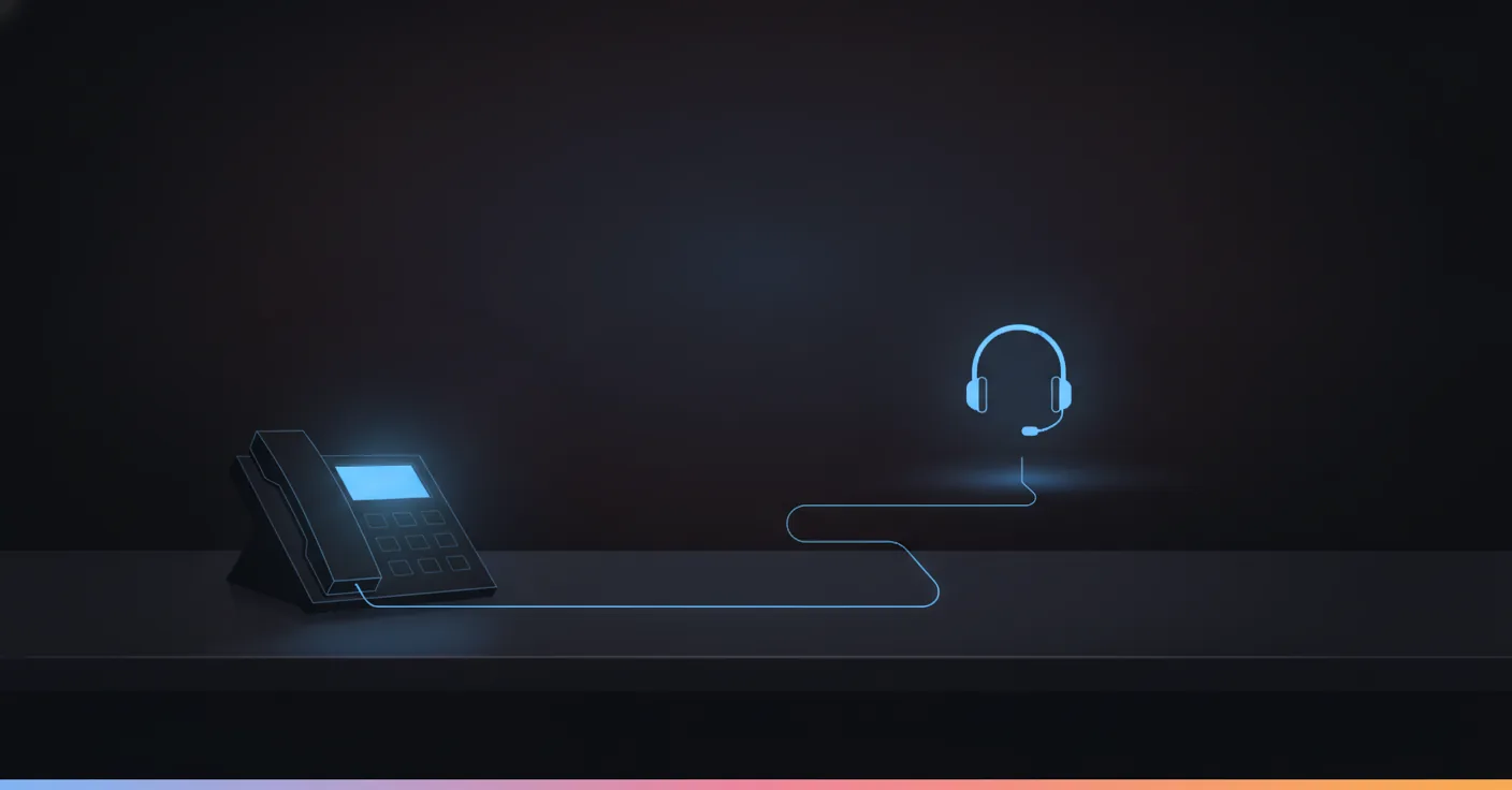 Téléphone de bureau allumé sur un comptoir d'accueil vide le soir, relié par un fil lumineux à un secrétariat téléphonique externalisé