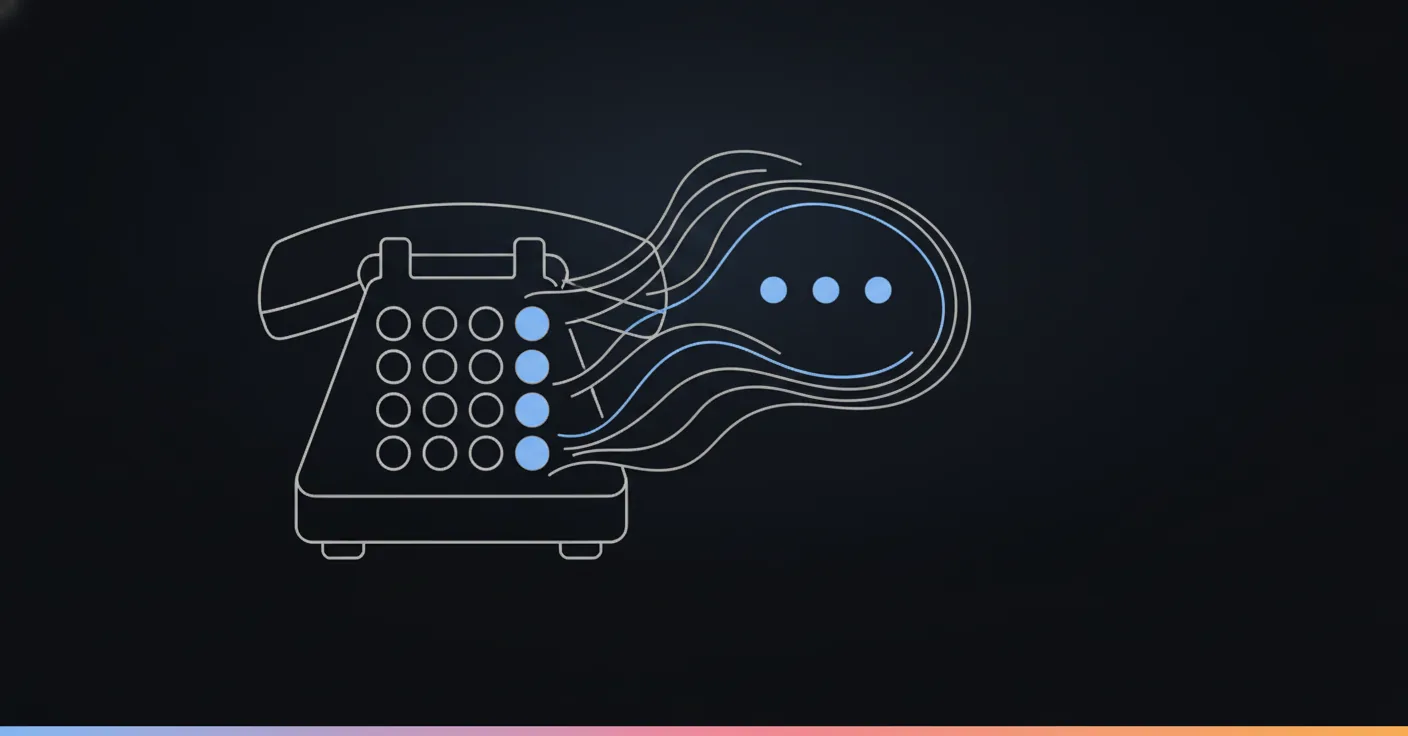 Standard téléphonique virtuel IA : du menu à touches à la conversation Un téléphone à touches dont le clavier se dissout en une bulle de conversation