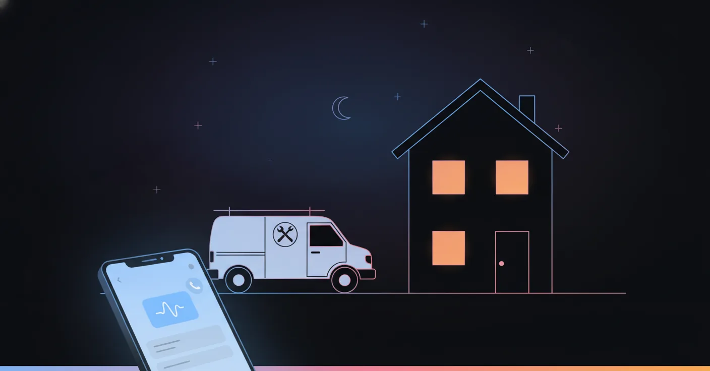 Ce qui se passe entre un appel manqué sur un chantier et le rappel du soir Une camionnette de plombier garée devant un pavillon au crépuscule, avec un téléphone qui affiche un SMS de message pris par un télésecrétariat