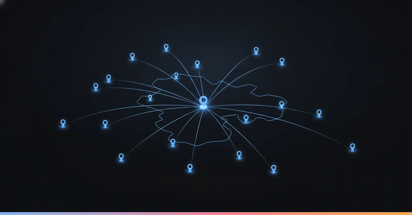 Router un appel de chantier vers le bon technicien, plutôt que le qualifier puis le transmettre Une carte de nuit avec un point central relié par des lignes lumineuses à plusieurs techniciens répartis sur le territoire, image d’un appel routé vers le bon professionnel de terrain