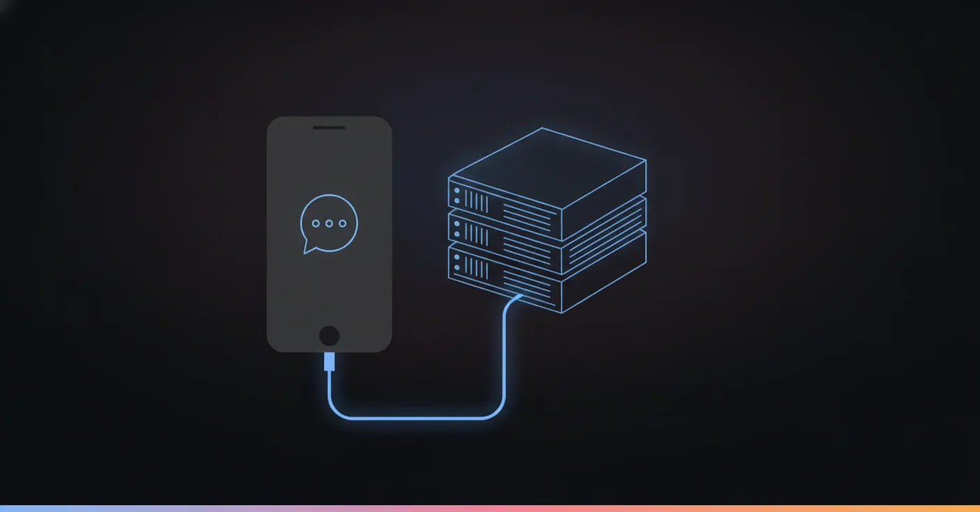 The WhatsApp Business API: a pipe to real software, not an answer by itself An abstract phone connected by a single glowing cable to a small server rack