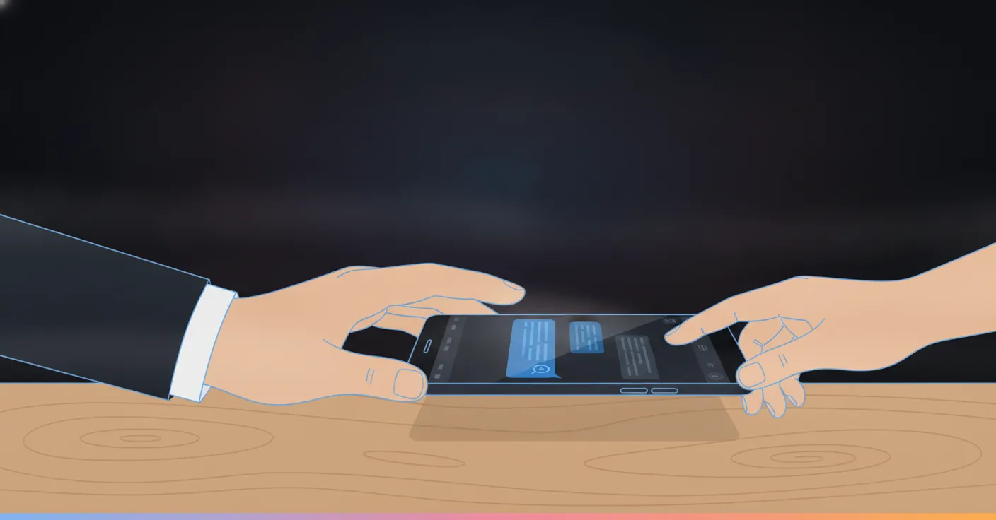 Escalation as a designed exit, not a failure: handing the conversation to a person with its context intact A hand sliding a phone across a desk toward another person, the WhatsApp chat still open on the screen