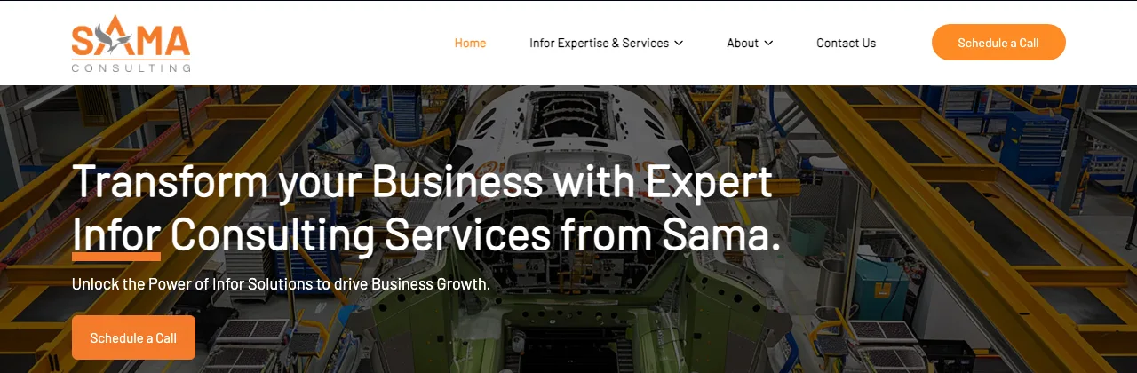 The SAMA Consulting homepage: expert Infor consulting services, over a photo of an automotive production line